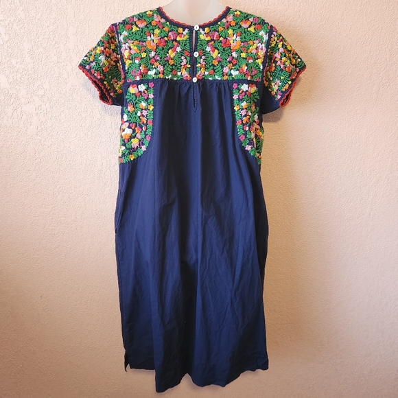 Sister Mary Navy Colorful Floral Short Sleeve Midi Embroidered Mexican Dress - Picture 7 of 11